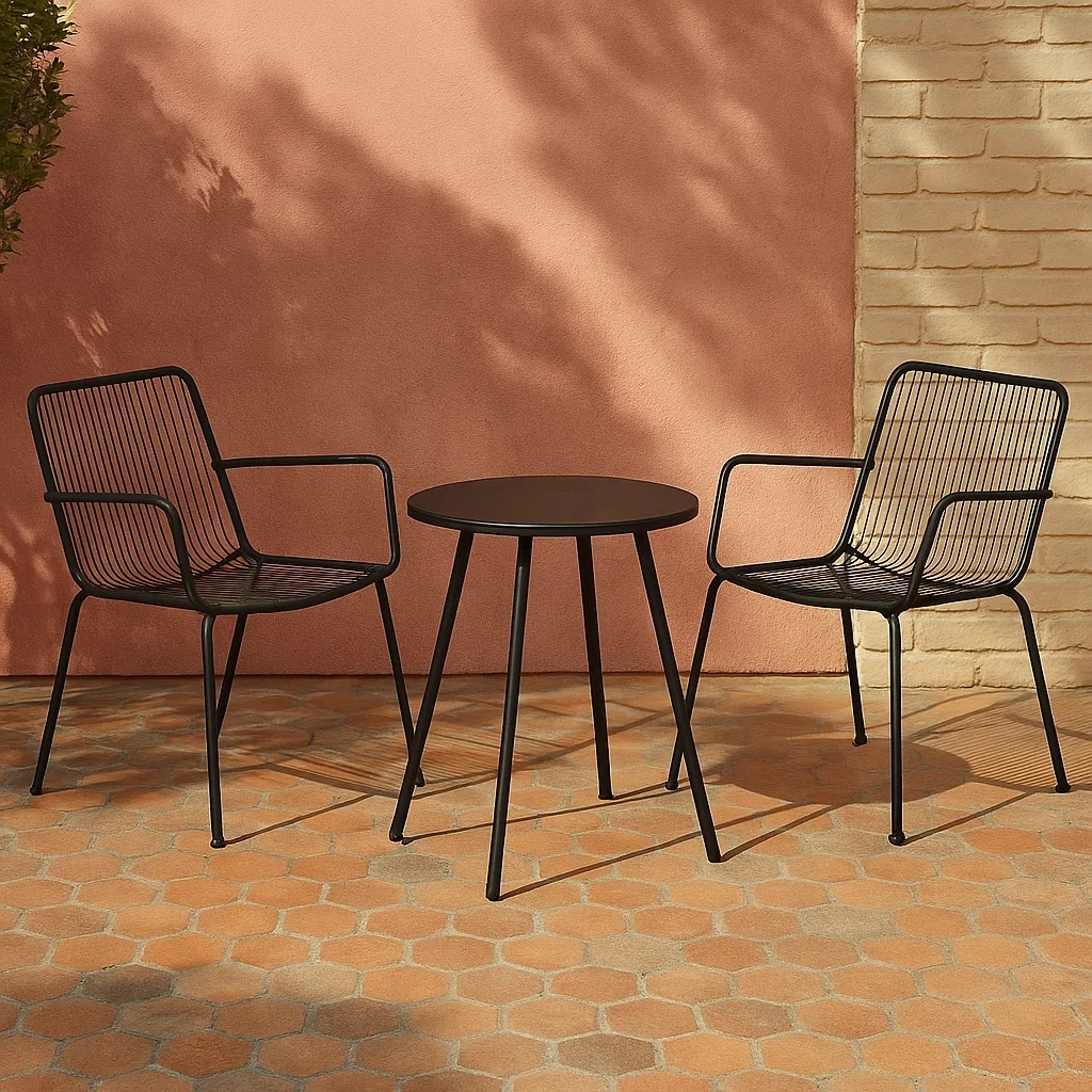 Ensemble de mobilier de jardin, composé de 2 chaises et 1 table, en acier noir, pour usage extérieur, dimensions de la table : 60 x 75 cm, dimensions des chaises : 60 x 60 x 80 cm - iOIRNMkNgfCe