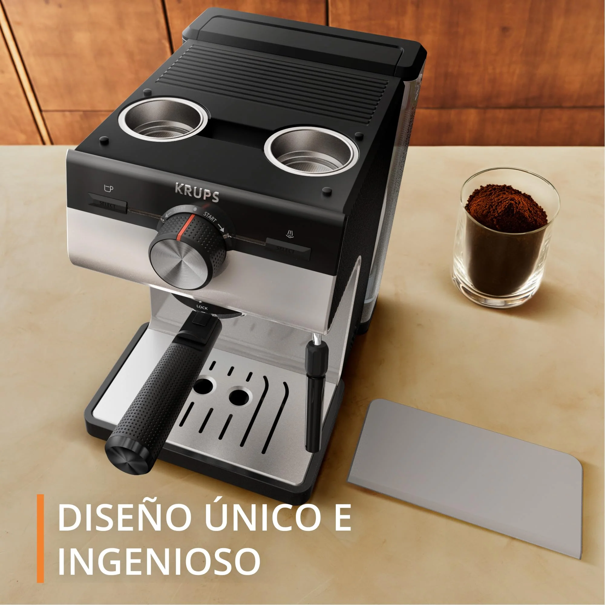 Machine à expresso Krups Virtuoso Essential - 15 bars. Acier inoxydable noir. Design compact et élégant. Arrêt automatique. Expresso et cappuccino. Thermobloc. Buse vapeur. Doseur inclus. XP4418