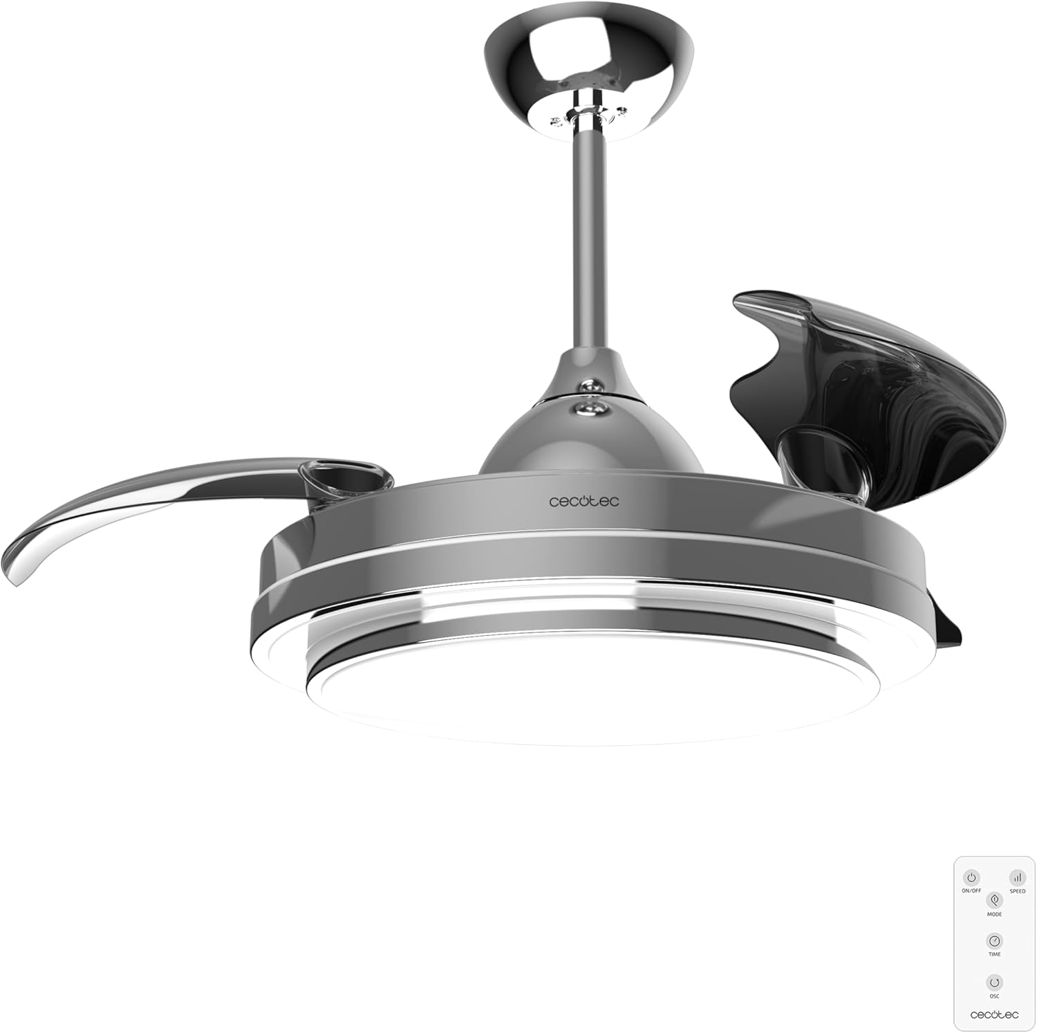Ventilateur de plafond Cecotec à pales rétractables et lampe invisible EnergySilence Aero 4280 en acier, 40 W, diamètre 42 pouces (106 cm), minuterie, 3 tons lumineux, fonction été-hiver