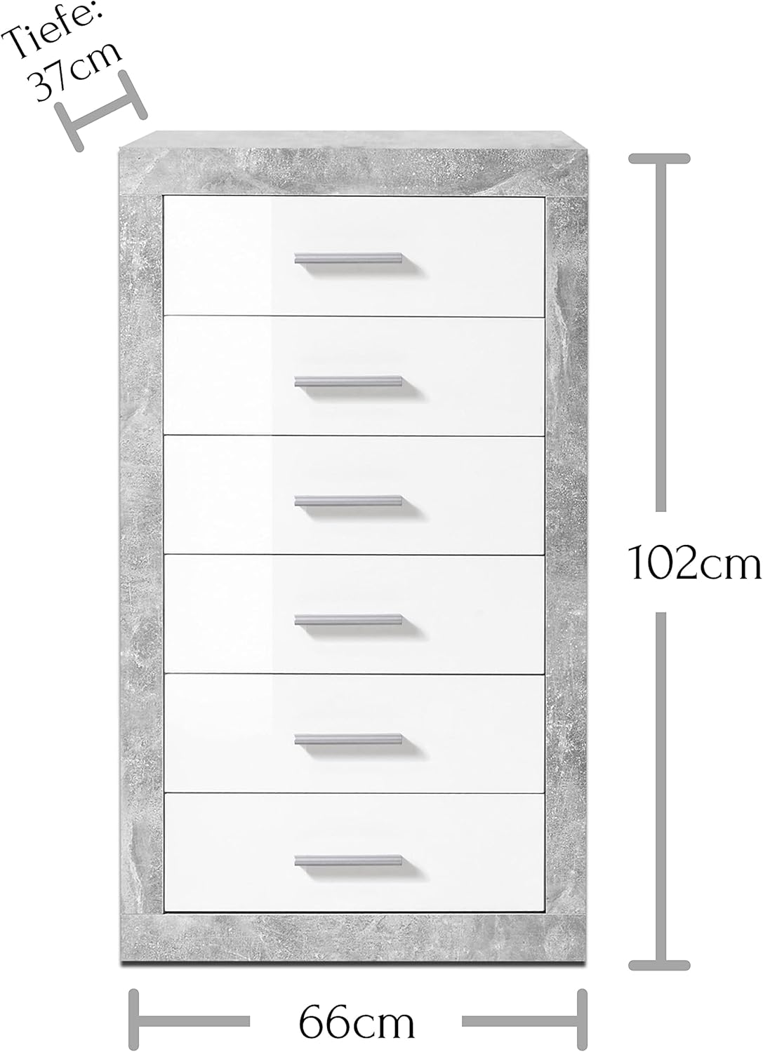 STONE Große Vitrine mit Betonoptik und hochglänzendem Weiß, moderne Vitrine mit LED-Beleuchtung und viel Stauraum, 92 x 194 x 37 cm (B x H x T)