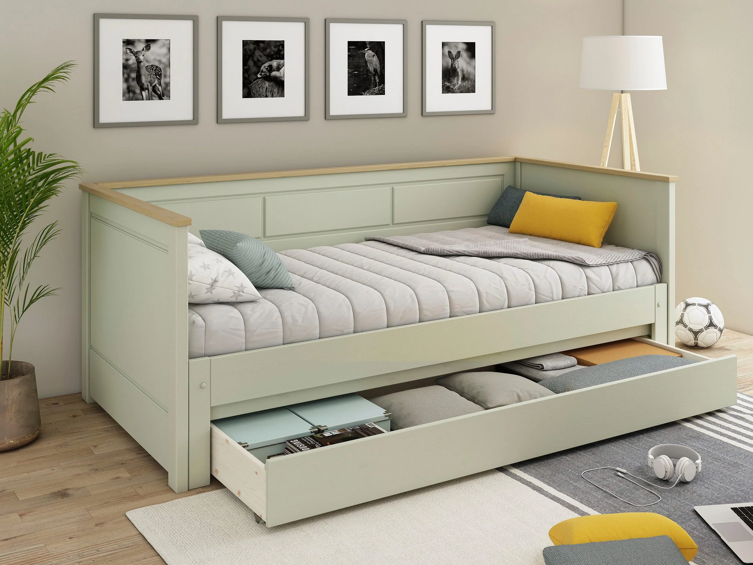 Erik sengeskuffe lavet af olivengrønt fyrretræ, 185 cm lang