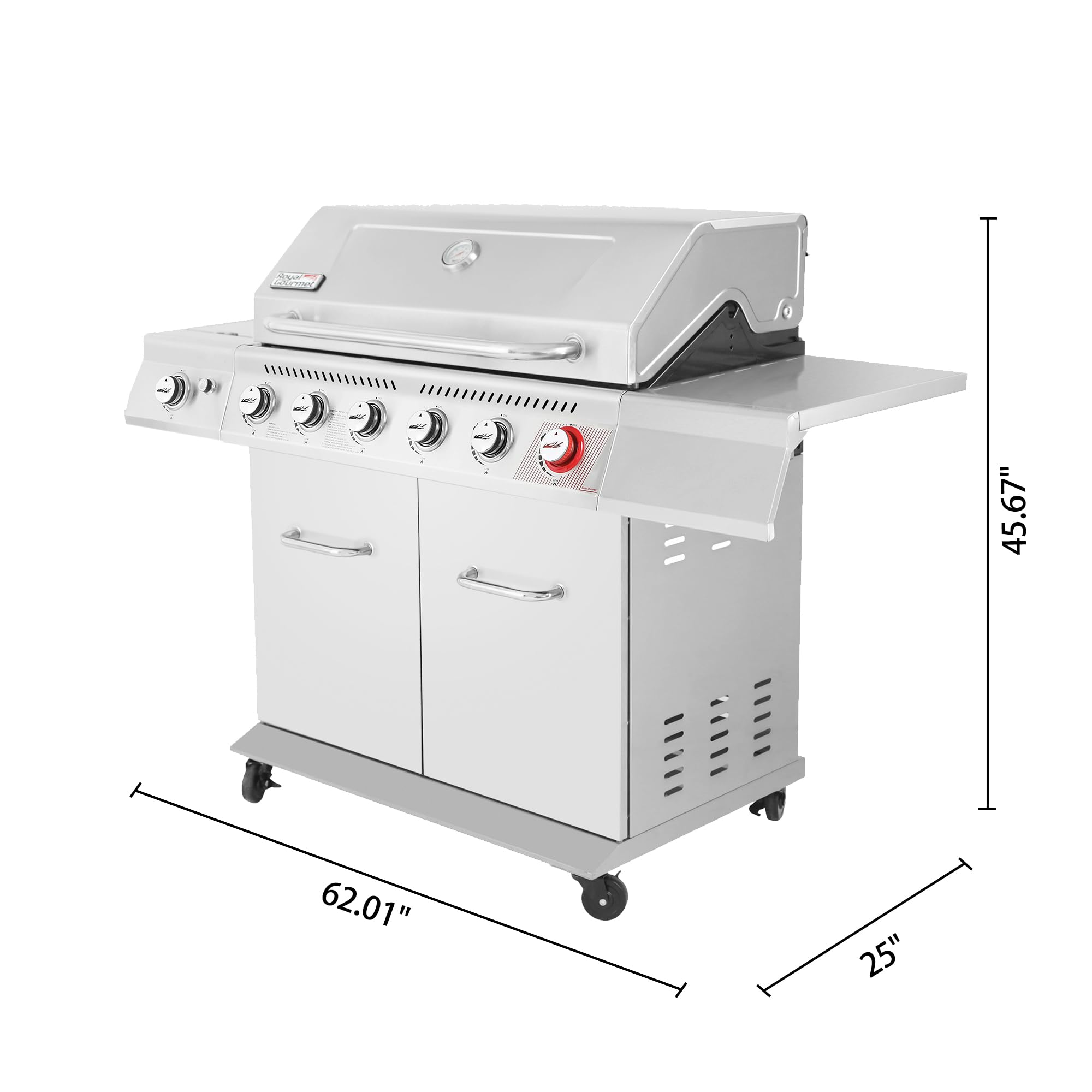 2025 Royal Gourmet GA6402S gasgrill i rustfrit stål. Premier propangrill med 6 brændere, searbrænder og sidebrænder. 74.000 BTU. Skabsstil. Udendørs grill. Sølv.
