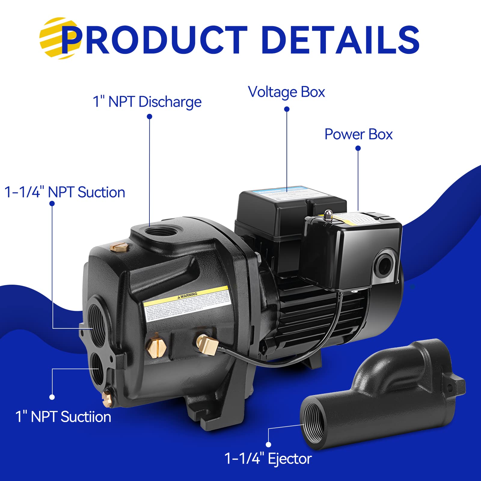 Pompe à jet convertible Acquaer 1 CV pour puits peu profonds/profonds, en fonte avec kit d'éjection, profondeur de puits jusqu'à 7,5 m ou 27 m, double tension 115 V/230 V, pressostat automatique