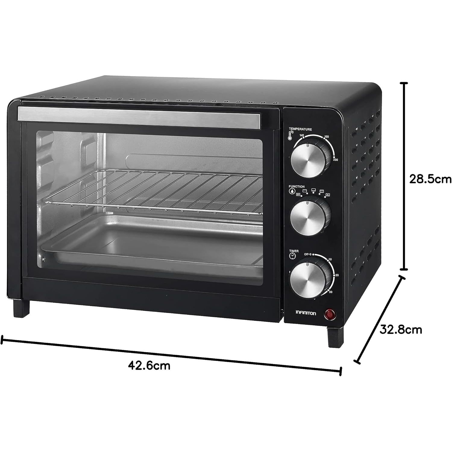 Infiniton HSM-A18N – Tischbackofen, Schwarz, 18 l, 1200 W, Doppelverglasung, Temperaturregelung, 60-Minuten-Timer.