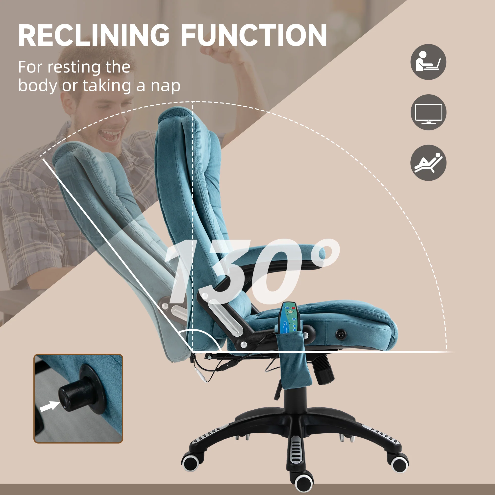 Ergonomischer Bürostuhl mit 6-Punkt-Massage und beheizbarer Rückenlehne. Samtbezug. Blau.