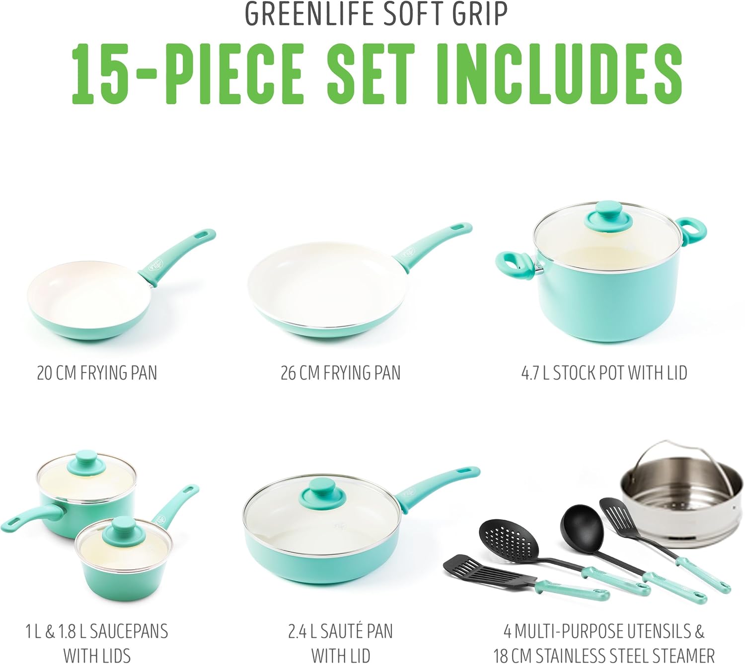 GreenLife Soft Grip 16-teiliges Antihaft-Keramik-Kochgeschirr-Set, bestehend aus Bratpfanne, Stielkasserolle und Topf, PFAS-frei, spülmaschinenfest, ofenfest, türkis