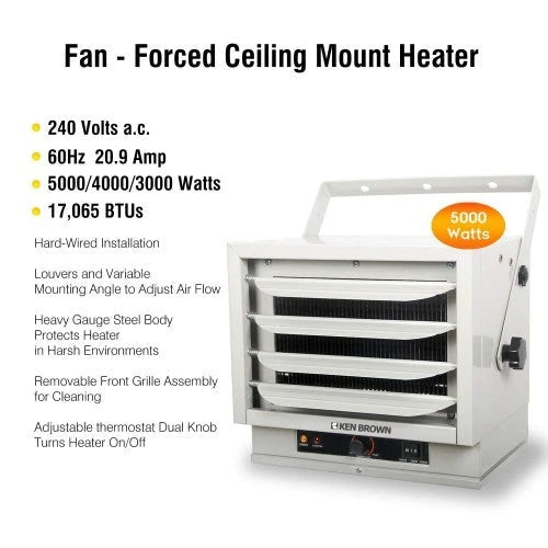 Chauffage de plafond à air pulsé Ken Brown 3 000/4 000/5 000 W avec deux boutons de commande pour garage, atelier, entrepôt ou zone de stockage, certifié ETL