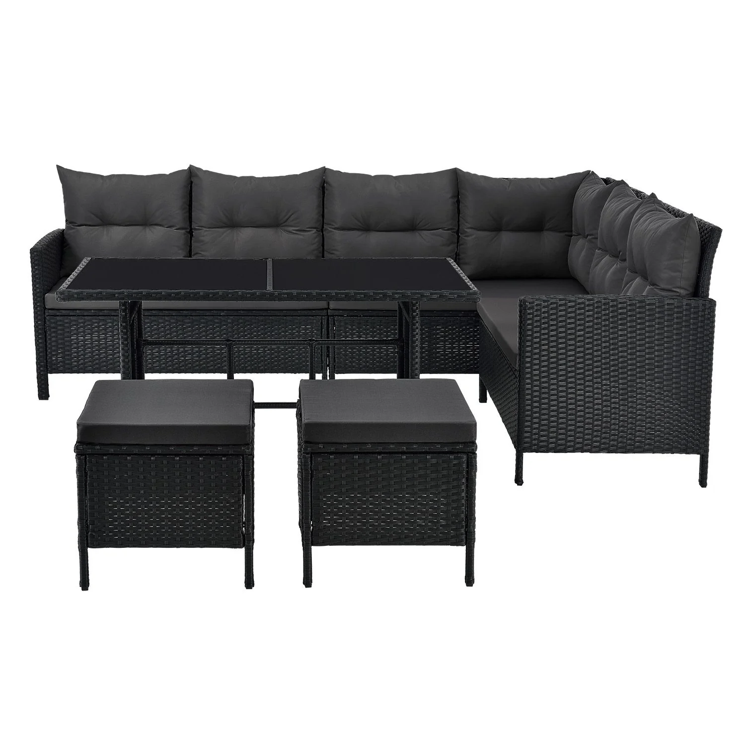 Ensemble de jardin Manacor 2025 en résine tissée noire avec table, 2 poufs et coussins gris foncé