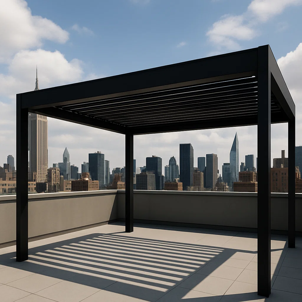 Pergola de jardin bioclimatique - Noire - Aluminium - Usage extérieur, dimensions approximatives : 400 cm x 350 cm x 250 cm XvXPQjf340UA