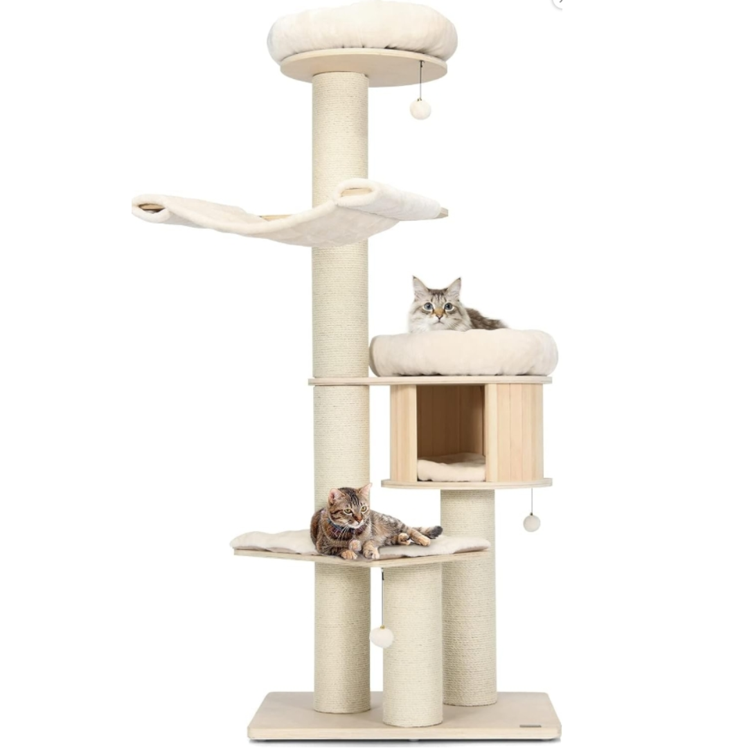 Großer Katzenbaum, mehrstufiger Turm mit Sisalstamm, Hängematte, Hängekorb und herausnehmbaren und waschbaren Matten, perfekt für große Katzen
