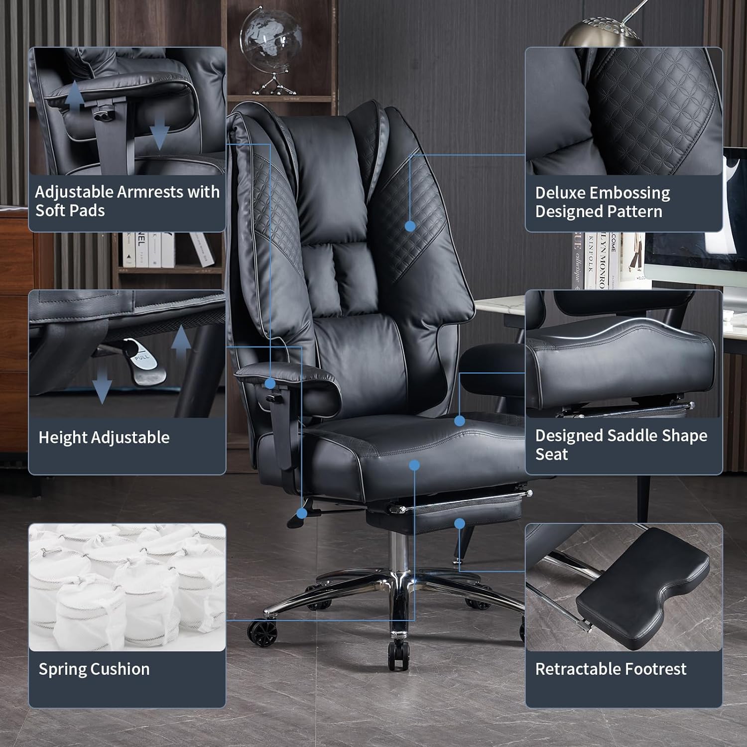 Hoher und breiter Bürostuhl für 181 kg, Chefsessel aus Leder mit hoher Rückenlehne und Fußstütze, ergonomischer Stuhl mit Lendenwirbelstütze zur Linderung von Rückenschmerzen (Beige)