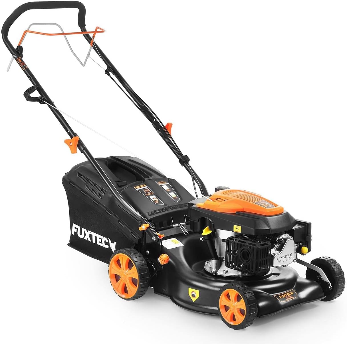 Tondeuse à gazon à essence FUXTEC FX-RM4646ECO, largeur de coupe de 46 cm, puissant moteur à essence de 146 cm³, nettoyage facile, 3 en 1, 2,6 kW, bac de ramassage mulching de 50 l.