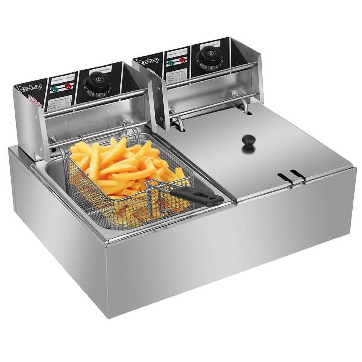 Elektrisk bordfrituregryde med dobbelt rustfri ståltank - Stor kapacitet - Bordapparat - Industriel frituregryde med stor tank til pommes frites (12,7 liter/12 l, 5000 W)