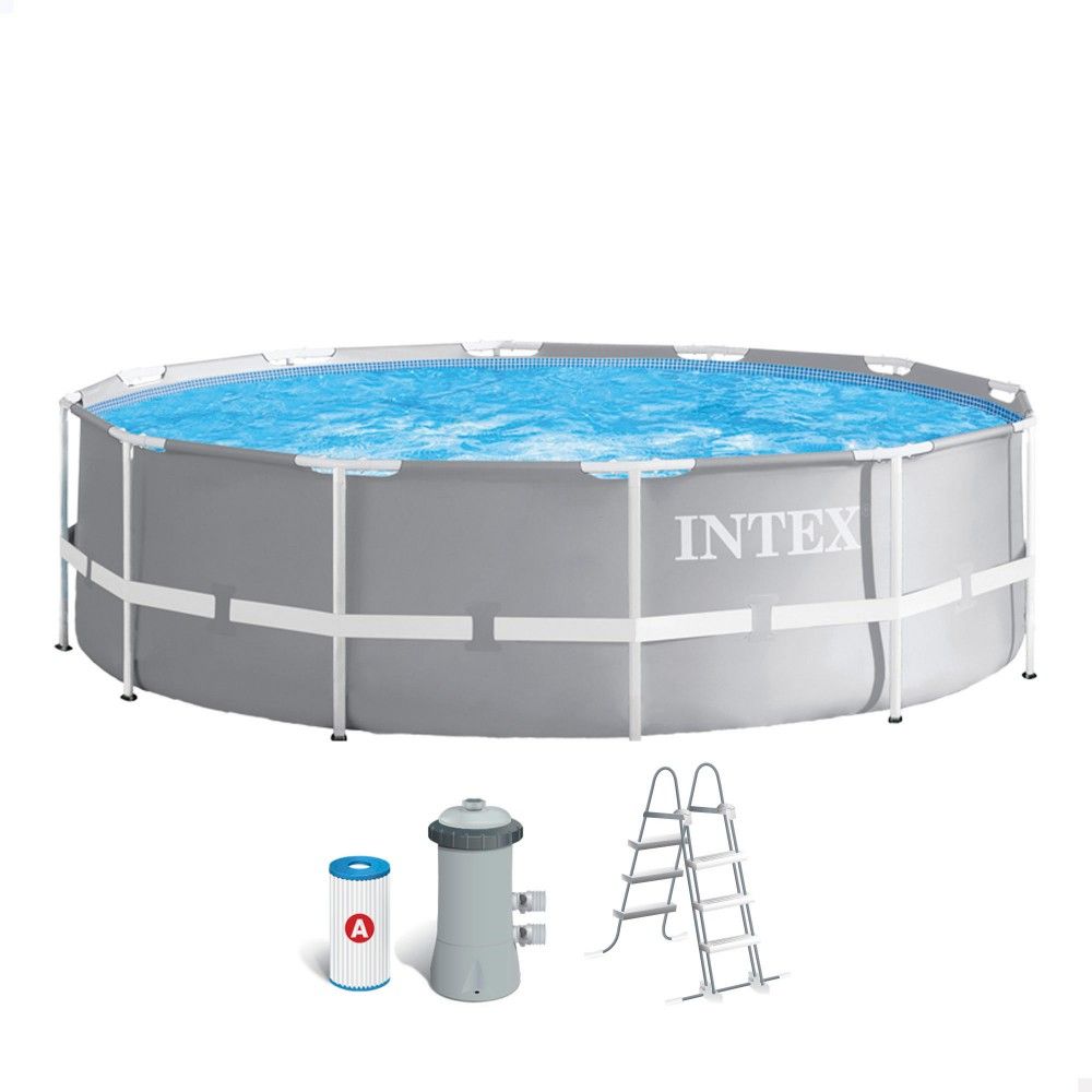 Intex 366x99cm Runder, röhrenförmiger PVC-Aufstellpool, Grau, mit Filterpumpe