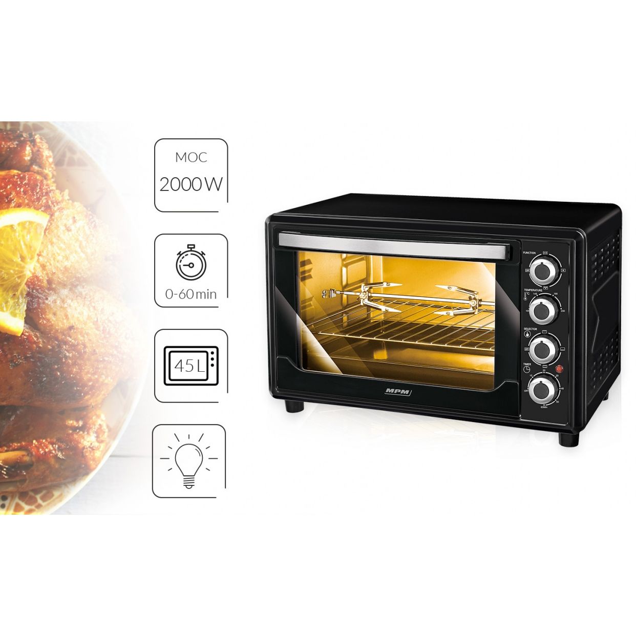 Tisch-Konvektionsofen, 45 l, Edelstahl, Hähnchenspieß, Timer, Temperaturregelung, Schwarz, 2000 W MPM MPE/07T