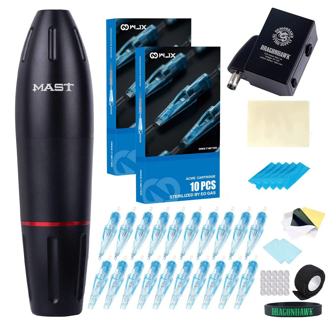 Tätowiermaschinen-Set mit Mast Pen WJX-Modulen, Nadeln und Akku