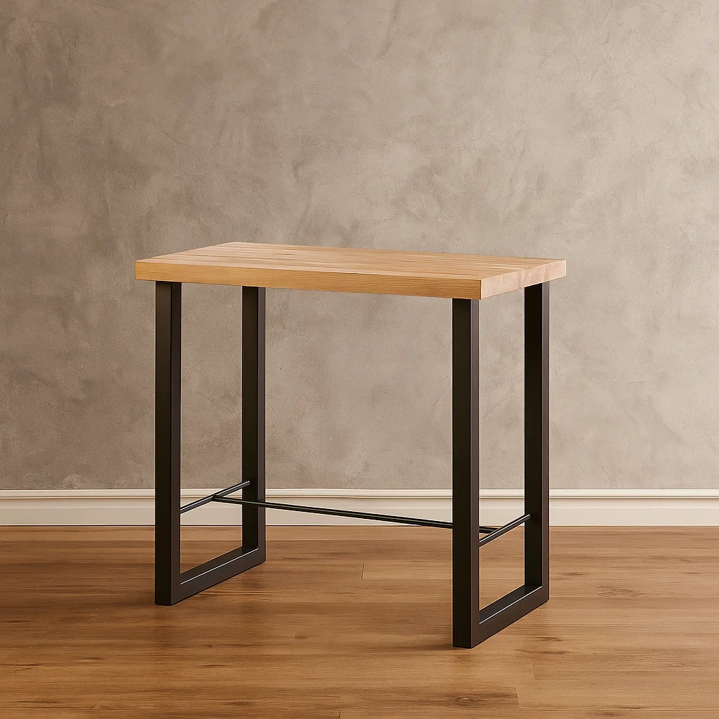 Table haute de salle à manger en chêne clair naturel et métal, pour usage intérieur, 120×70×100 cm - 45eAp6zjLrgI