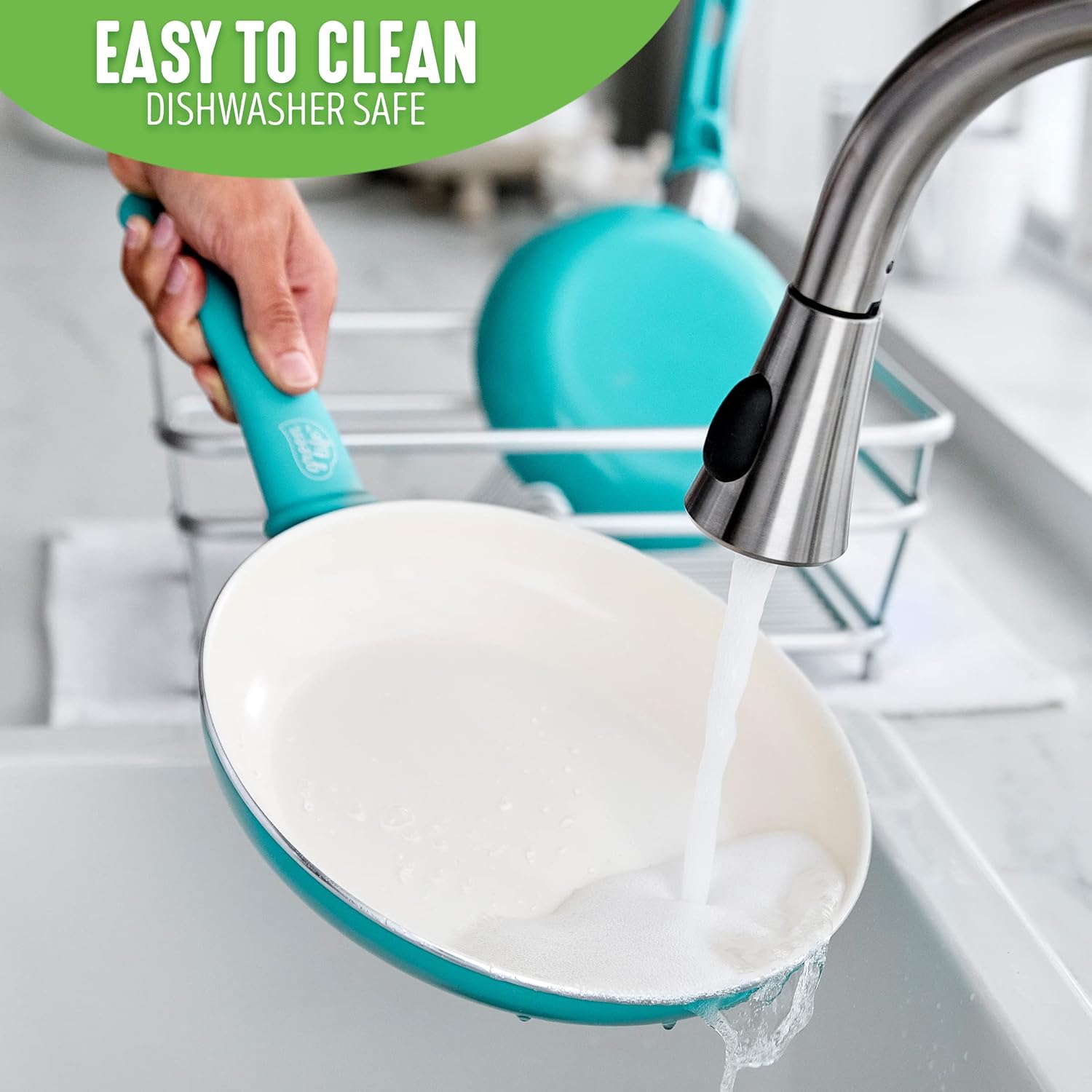 GreenLife Soft Grip 16-teiliges Antihaft-Keramik-Kochgeschirr-Set, bestehend aus Bratpfanne, Stielkasserolle und Topf, PFAS-frei, spülmaschinenfest, ofenfest, türkis