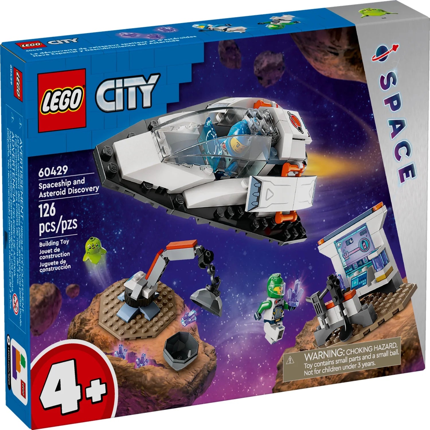 LEGO City rumskib og asteroideopdagelse legetøjsbyggesæt, gave til børn fra 4 år, der elsker fantasifuld leg, indeholder 2 minifigurer af rumbesætning, rumvæsen, krystaller og kranlegetøj