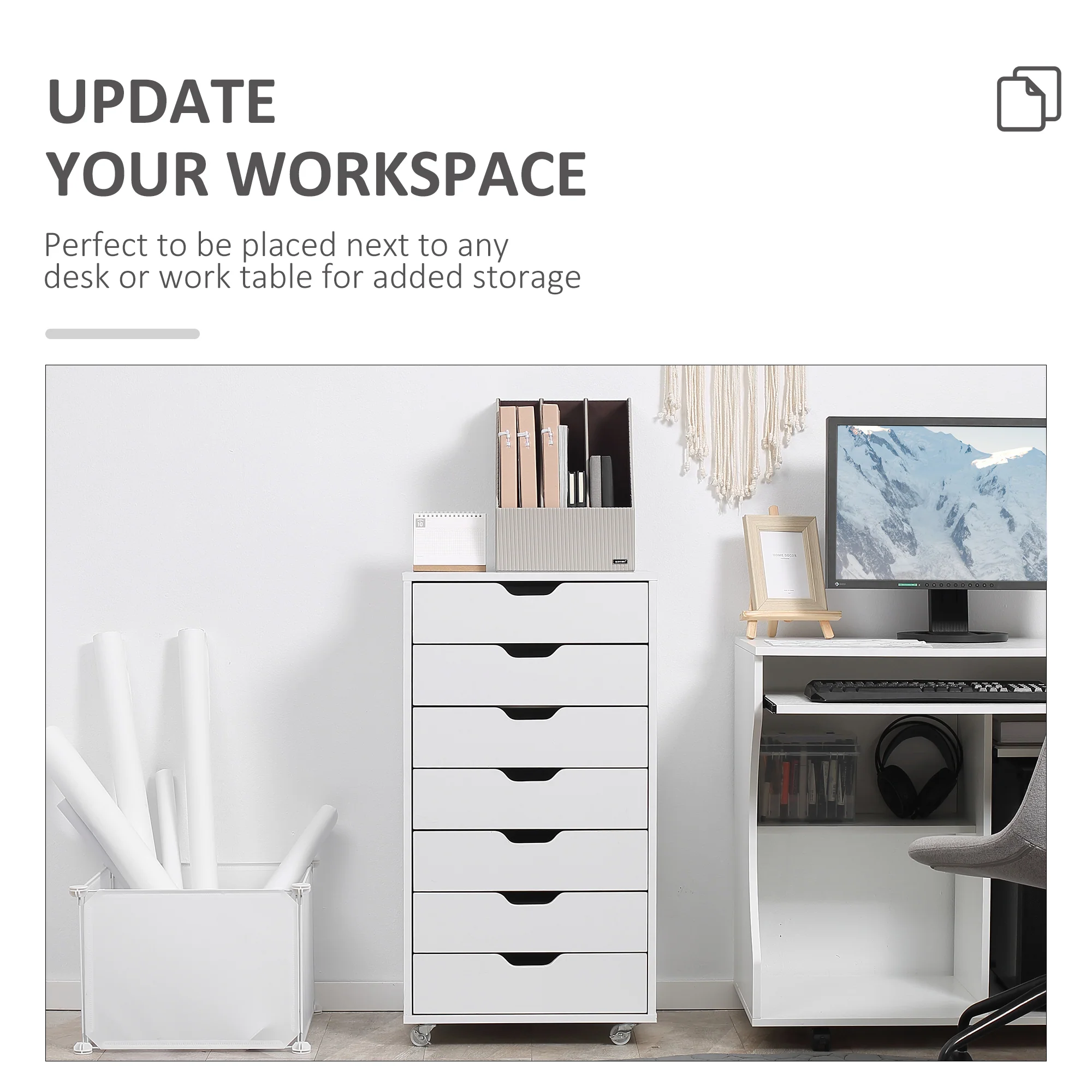 Vertikaler Aktenschrank mit 7 Schubladen. Mobiles Büromöbel mit Rollen. Weiß.