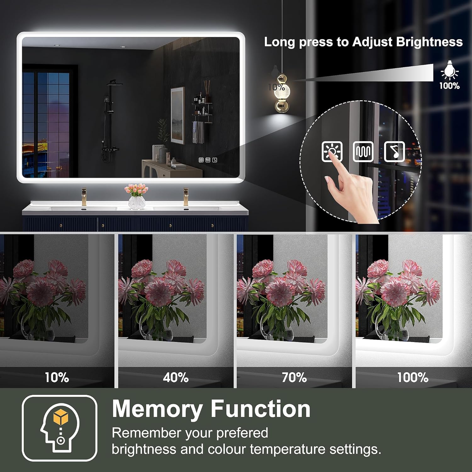 S'bagno badeværelsesspejl med lys 1200x700mm, IP44 - badeværelsesspejl med LED og Bluetooth, antidugfunktion / 3 lysfarver (3000K, 4000K, 6500K) / Dæmpbar / Memory, lodrette eller vandrette badeværelsesspejle med LED