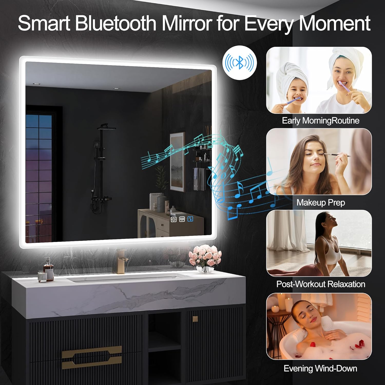 S'bagno badeværelsesspejl med lys 1200x700mm, IP44 - badeværelsesspejl med LED og Bluetooth, antidugfunktion / 3 lysfarver (3000K, 4000K, 6500K) / Dæmpbar / Memory, lodrette eller vandrette badeværelsesspejle med LED