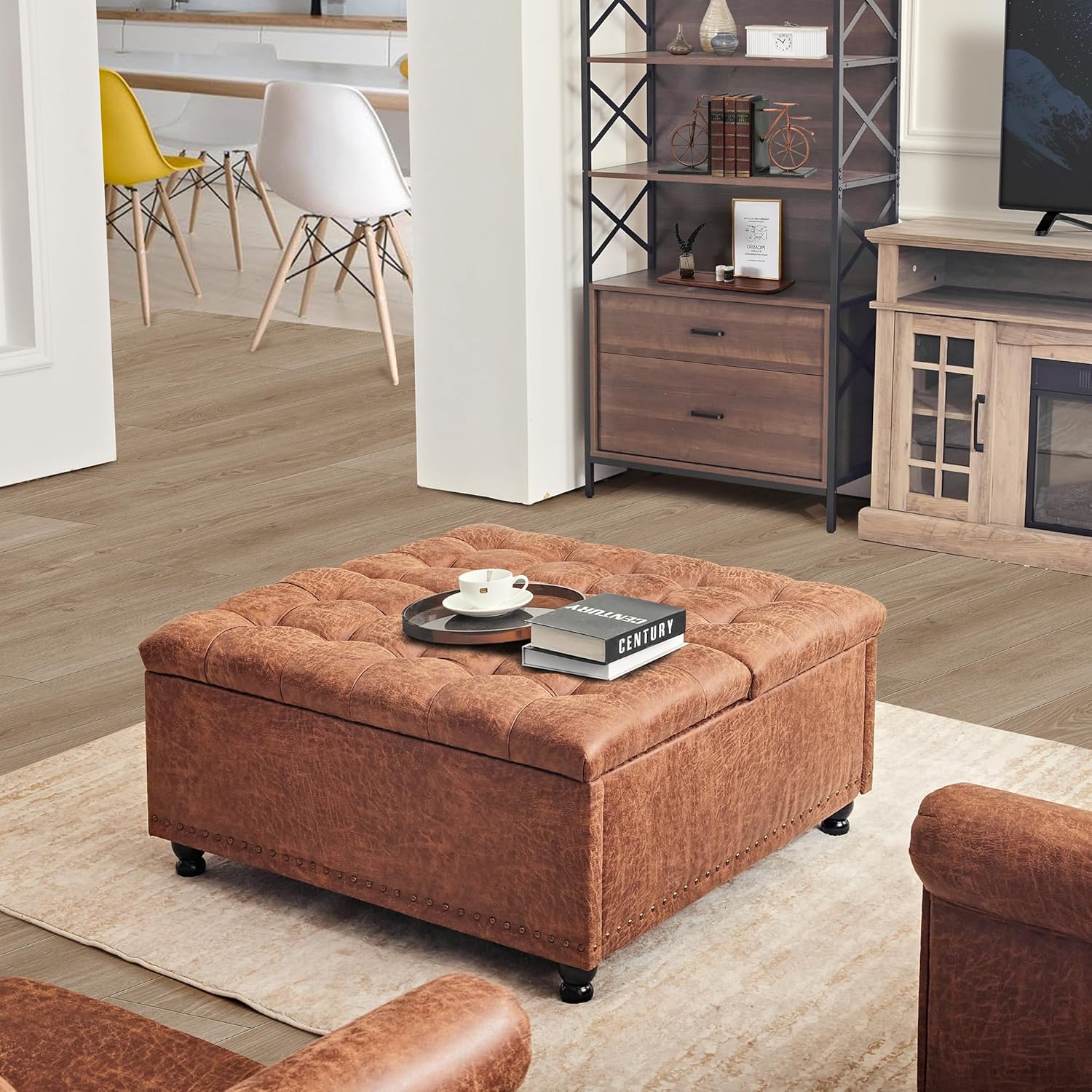 Pouf de rangement Redlife, table basse avec pouf de rangement, grand repose-pieds de salon de 90 cm, pouf rembourré avec rangement pour salon (marron)