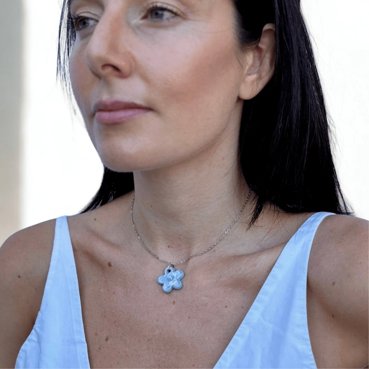 Lillium | Handcrafted pearl light blue floral ceramic necklace