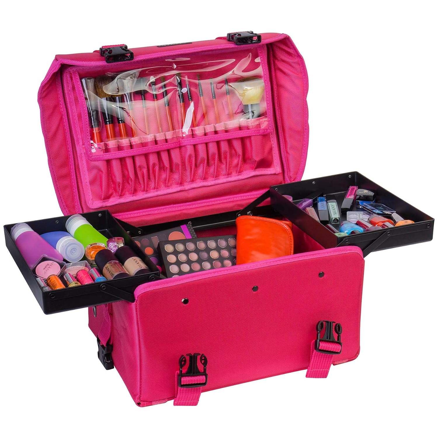Kosmetikkoffer aus tiefschwarzem Vinyl mit Rollen – Reise-Make-up-Tasche