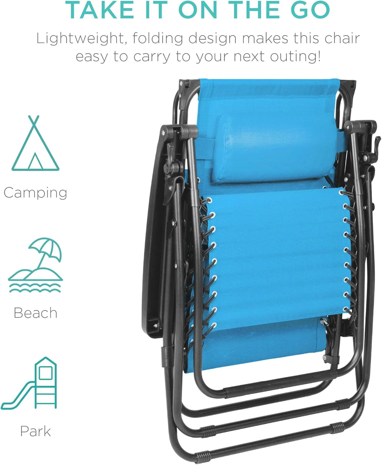 Bedste valg – Zero Gravity-lænestol til terrassen. Justerbar og foldbar udendørsstol med baldakin, nakkepude og sidebakke. Textilene – Påfugleblå