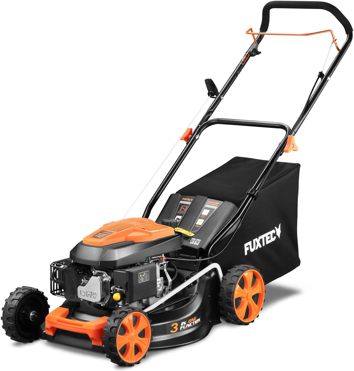 Tondeuse à gazon à essence FUXTEC FX-RM4646ECO, largeur de coupe de 46 cm, puissant moteur à essence de 146 cm³, nettoyage facile, 3 en 1, 2,6 kW, bac de ramassage mulching de 50 l.