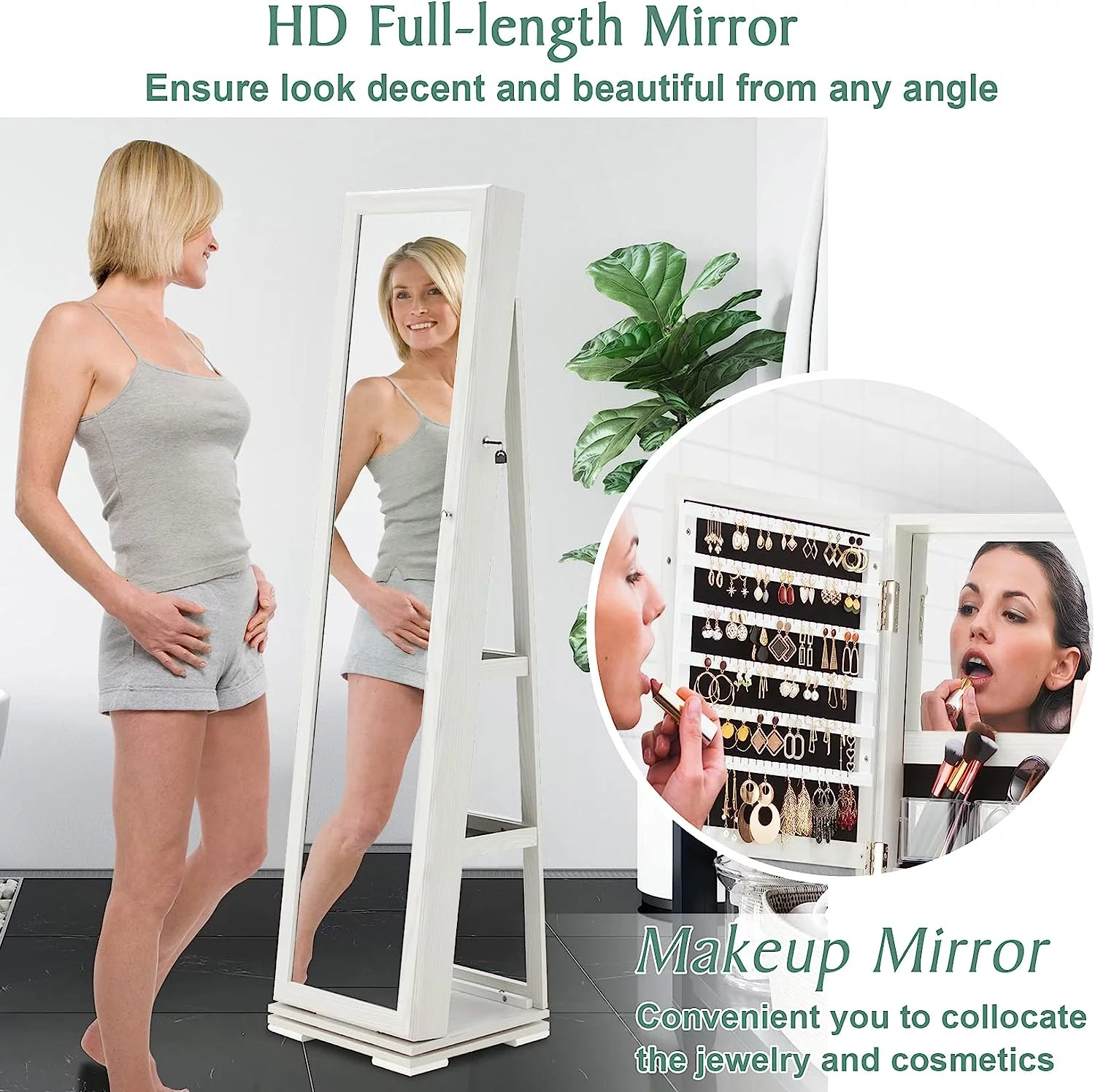 2025 Dextrus 360° roterende smykkeskab med lås, spejl i fuld længde og baghylder. Hvid.