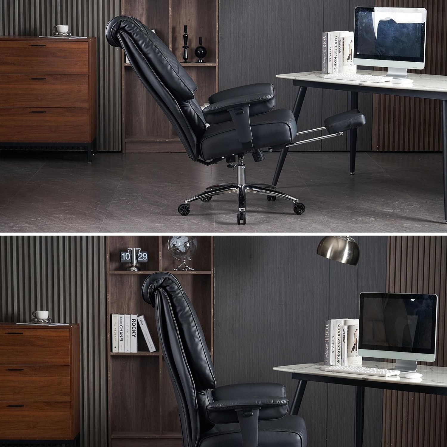 Hoher und breiter Bürostuhl für 181 kg, Chefsessel aus Leder mit hoher Rückenlehne und Fußstütze, ergonomischer Stuhl mit Lendenwirbelstütze zur Linderung von Rückenschmerzen (Beige)