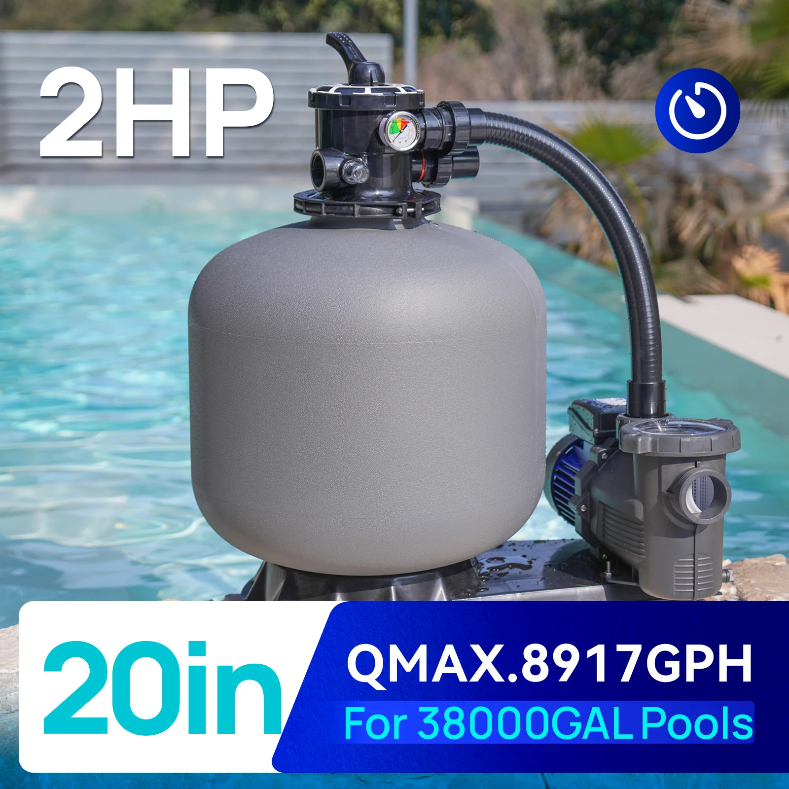 Pompes à filtre à sable 2025, 115 V. Puissance : 0,5 à 3 CV. Diamètre : 30 à 50 cm. Débit jusqu’à 33 400 l/h pour piscines jusqu’à 144 000 litres. Avec vanne à 6 voies.