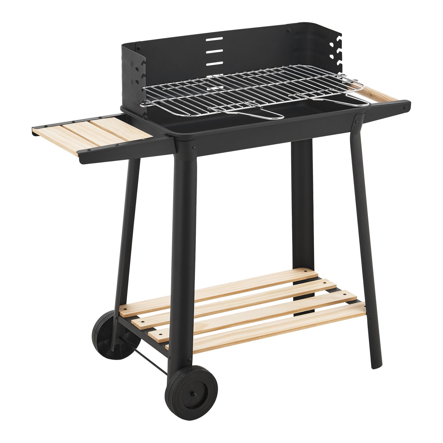 Ari Holzkohlegrill mit 2 Rädern 78x86x30cm - Schwarz/Holz [casa.pro]