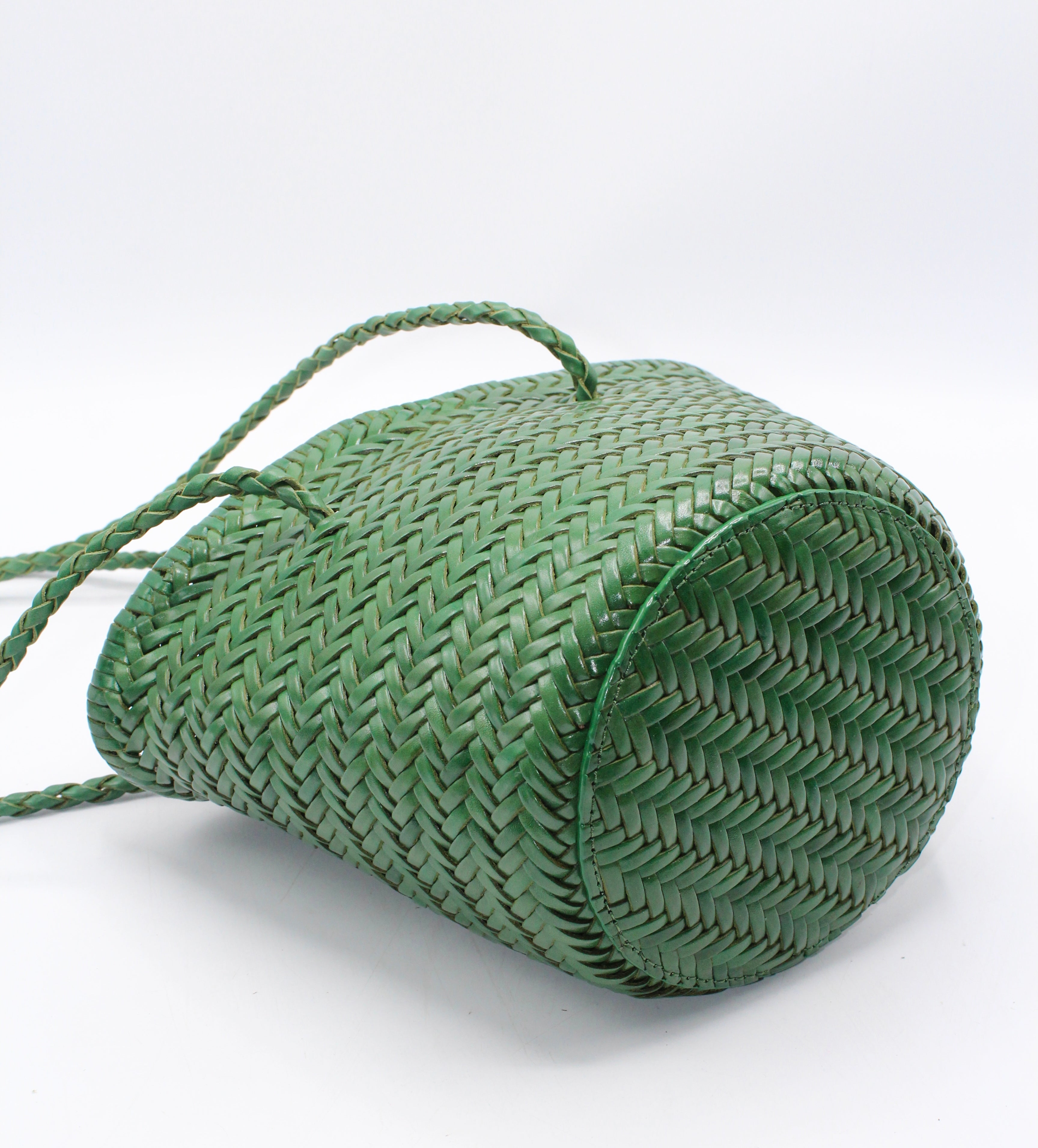 Carmel - Hand Woven Full-Grain Leather Bucket Bag Green