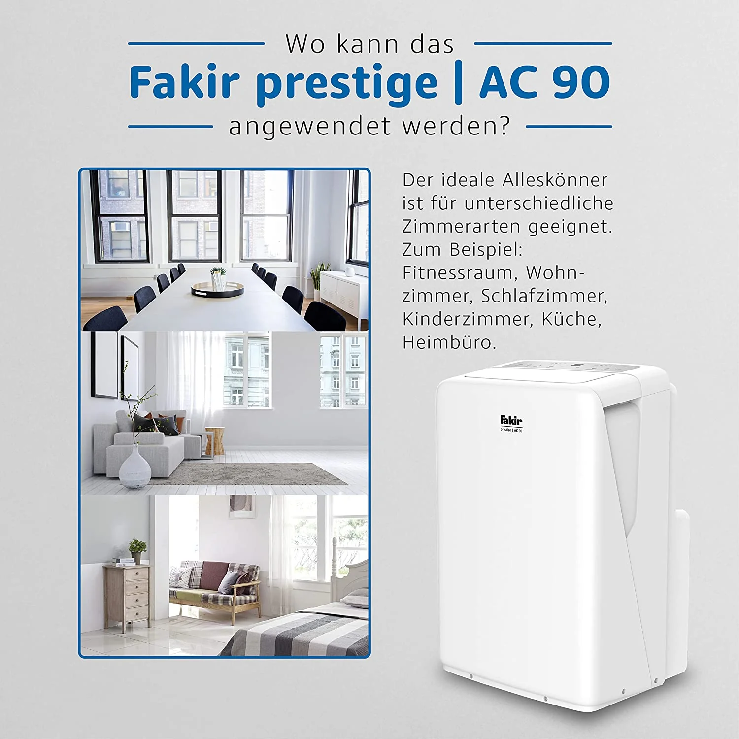 Fakir Prestige AC 90 (2025) – Tragbare Klimaanlage | Luftkühler mit 3 Windmodi + Automatikfunktion, Timer und Fernbedienung | Zusatzventilator für Räume bis zu 85 m³ | Weiß | 2600 Watt