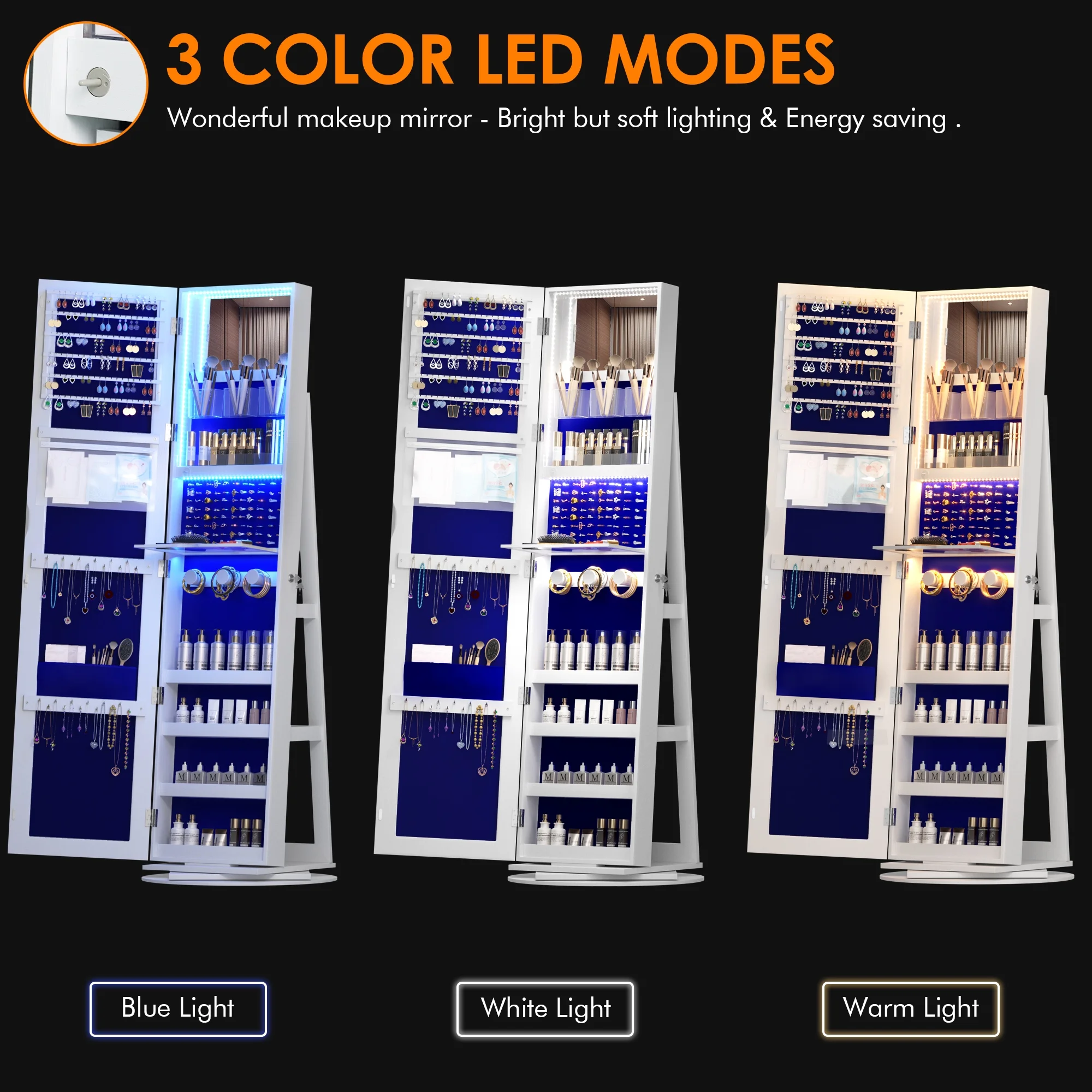 LVSOMT Roterende smykkeskrin med LED-lys og spejl i fuld længde: Stilfuld 360° opbevaring