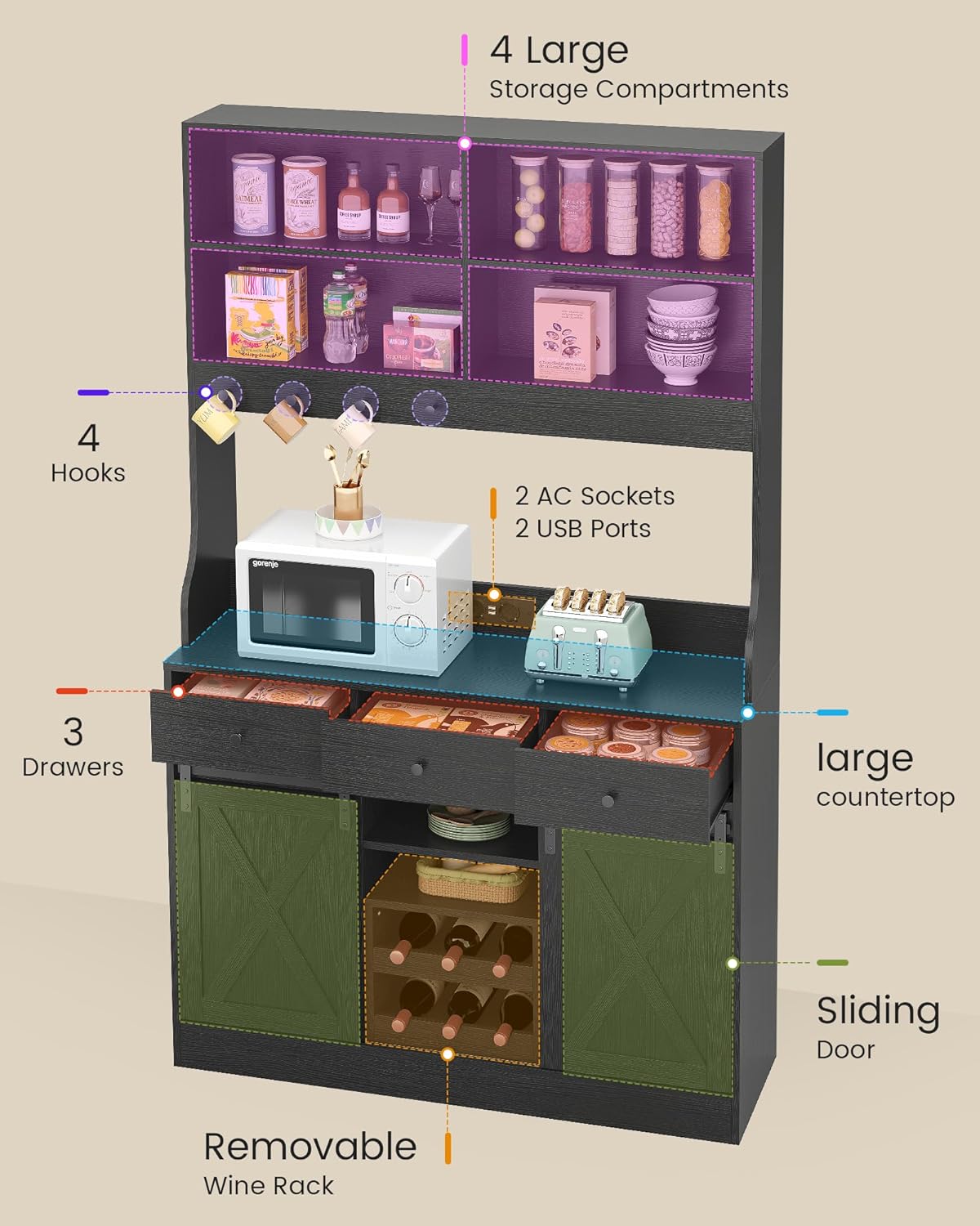 Küchenschrank, Küchen-Sideboard mit LED-Beleuchtung, Steckdosen, Buffet-Schrank, ausziehbarem Weinregal, 3 Schubladen, verstellbaren Einlegeböden, Küche, Wohnzimmer, Esszimmer, 103,5 x 40 x 180 cm, Schwarz