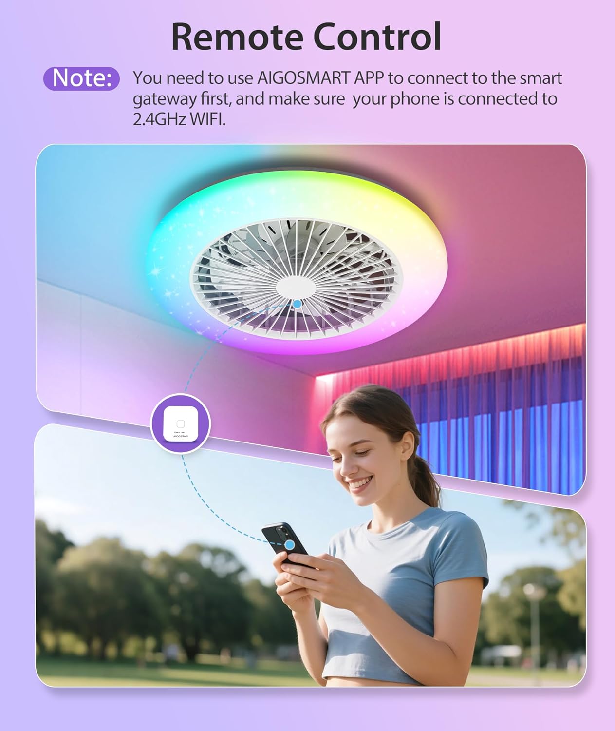 Aigostar - Ventilateur de plafond Alexa, lumière LED 40 W, 4 400 lm, 2 700 K-6 500 K et RGB à intensité variable, lampe de ventilateur de plafond intelligente avec télécommande et passerelle, silencieux, 6 vitesses, diamètre 50 cm, 2 unités
