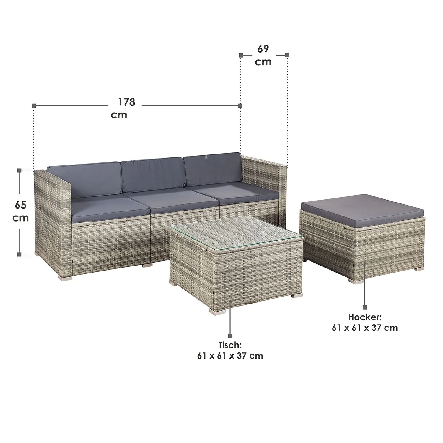 Ensemble de jardin en résine tressée Punta Cana M 2025, noir avec coussins gris