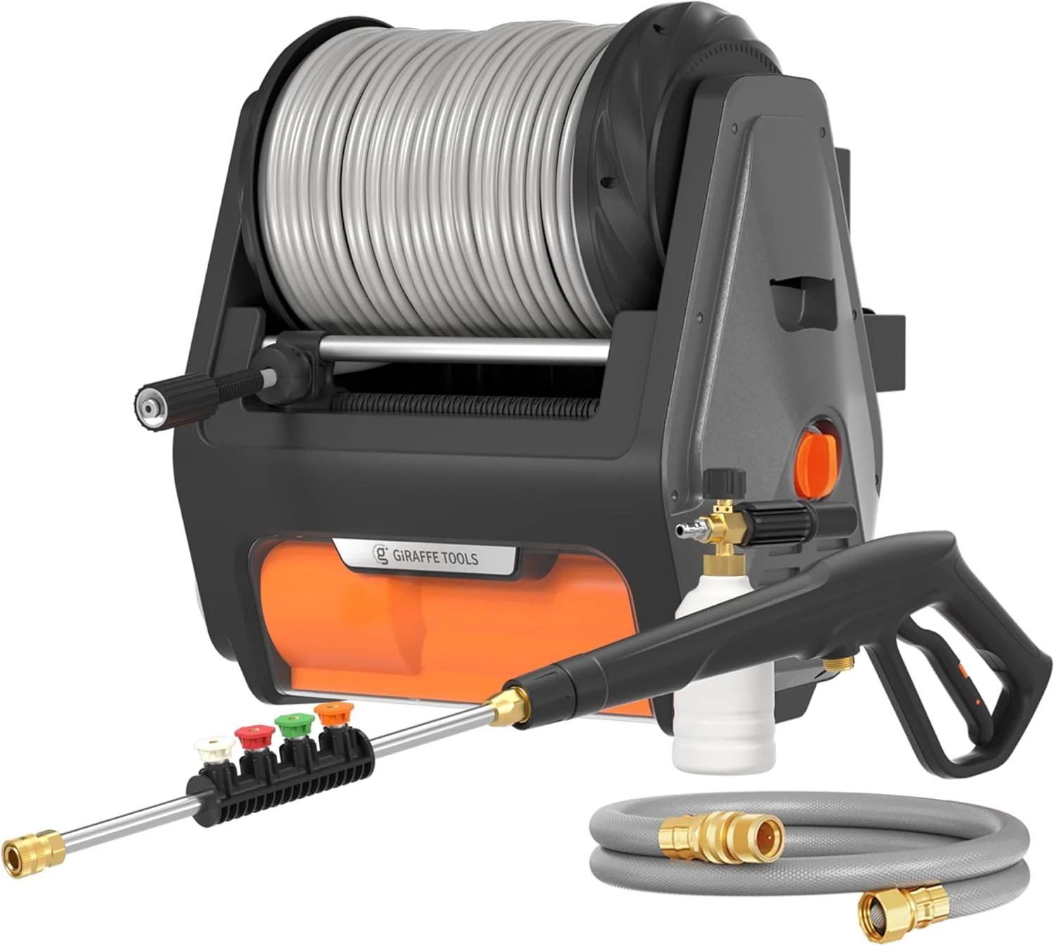 Giraffe Tools Grandfalls vægmonteret højtryksrenser – 2900 PSI. 2,2 GPM. 31 m udtrækkelig slange. Skumkaster. 4 hurtigkoblingsdyser.