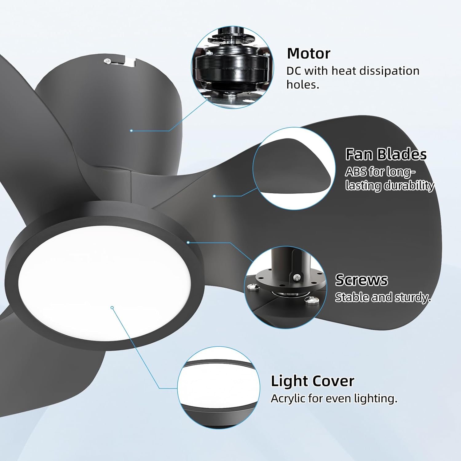 Ventilateur de plafond Ateroll avec lumière, Ø 61 cm, LED 3CCT à intensité variable (3 000 K-4 000 K-5 000 K), 1 500 lm, avec télécommande, 6 vitesses, minuterie, idéal pour salon et chambre.