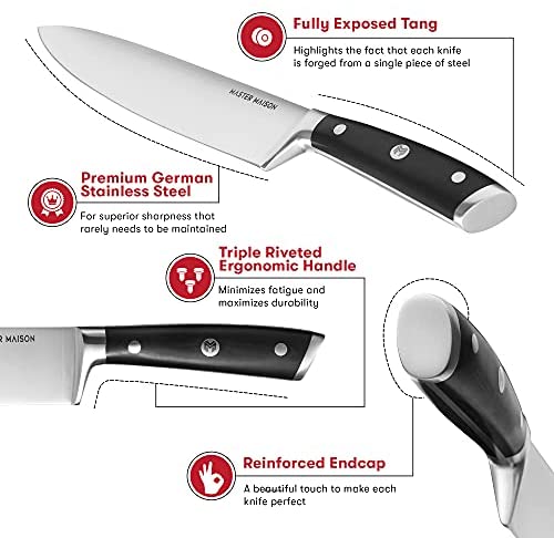 Hochwertiges 19-teiliges Küchenmesserset mit Holzblock | Master Maison Besteckset aus deutschem Edelstahl mit Messerschärfer und 8 Steakmessern