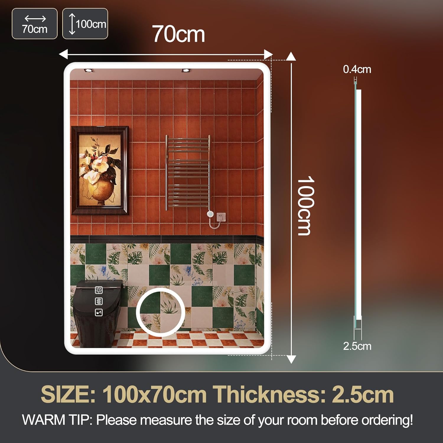S'bagno badeværelsesspejl med lys 1200x700mm, IP44 - badeværelsesspejl med LED og Bluetooth, antidugfunktion / 3 lysfarver (3000K, 4000K, 6500K) / Dæmpbar / Memory, lodrette eller vandrette badeværelsesspejle med LED