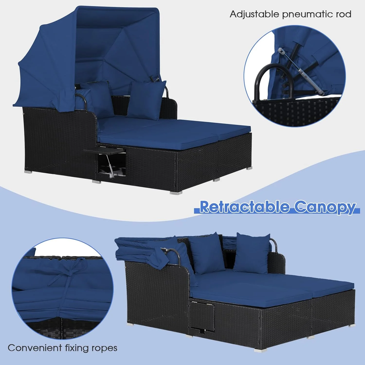RELAX4LIFE udendørs haveseng med baldakin. Vævet harpiks liggestol med hynder. 4 puder og 2 udtrækkelige sidebakker. Loungeseng til 2 personer til pool, veranda, have. Rattan udendørs seng (turkis)