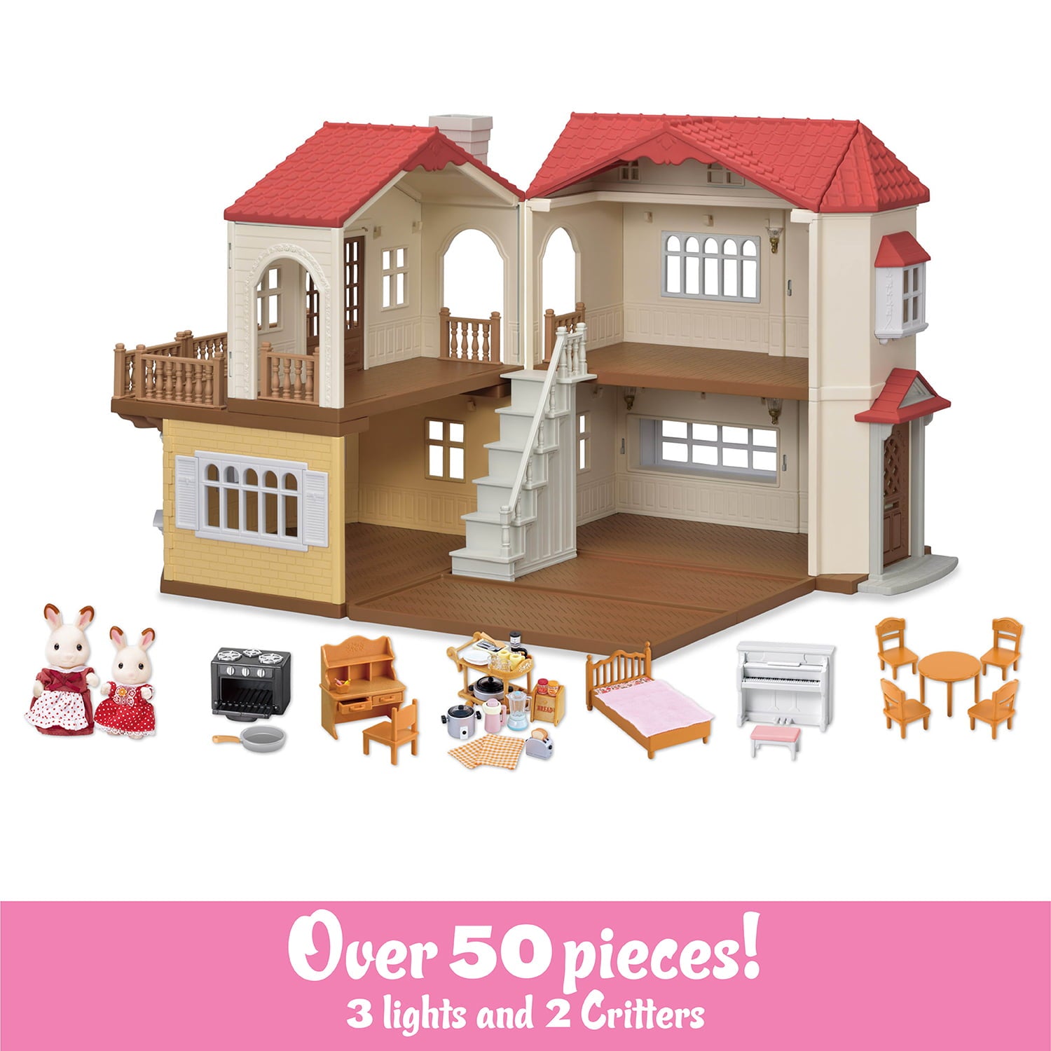 Calico Critters Puppenhaus mit rotem Dach – Puppenhaus mit Figuren, Möbeln und Zubehör