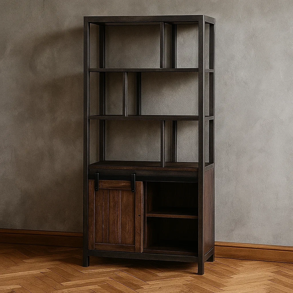 Bibliothèque en bois foncé, structure métallique, porte coulissante, montage facile, idéale pour le salon ou le bureau, 90 x 30 x 180 cm - vGRpKimE8KRd