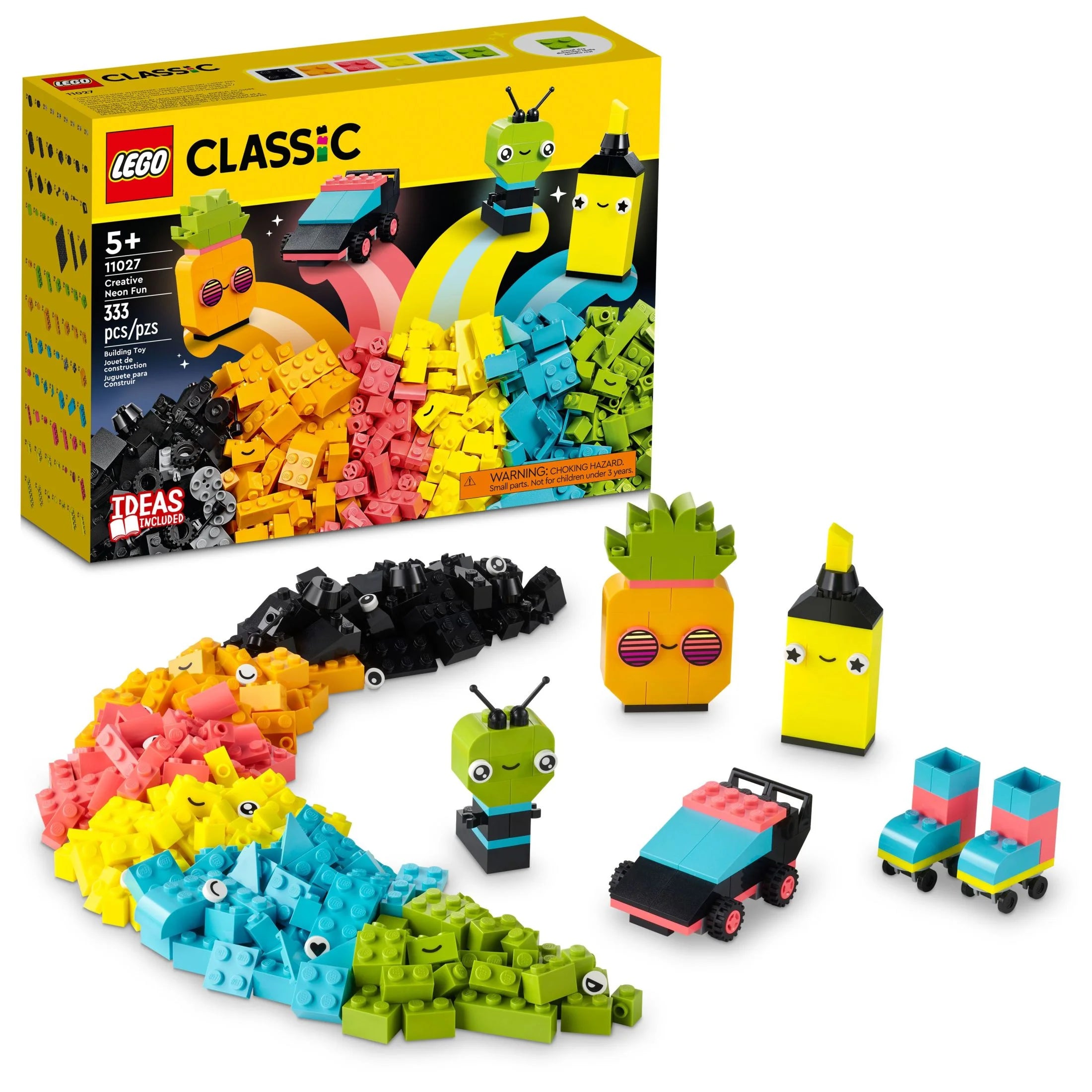 LEGO Classic Kreativ Klodsæske med Sjove Neonfarver 11027, Byggelegetøj til at lave en bil, ananas, rumvæsen, skøjter og flere idéer til drenge og piger fra 5 år