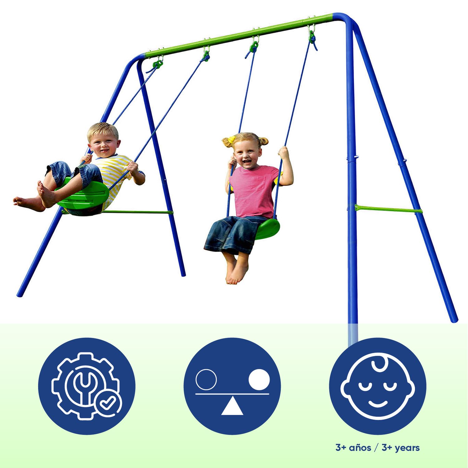 Doppelschaukel für Kindergärten + Spielset aus Metall für Kinder ab 3 Jahren, Outdoor-Spielzeug, 220 x 138 x 182 cm, Tragkraft bis zu 45 kg
